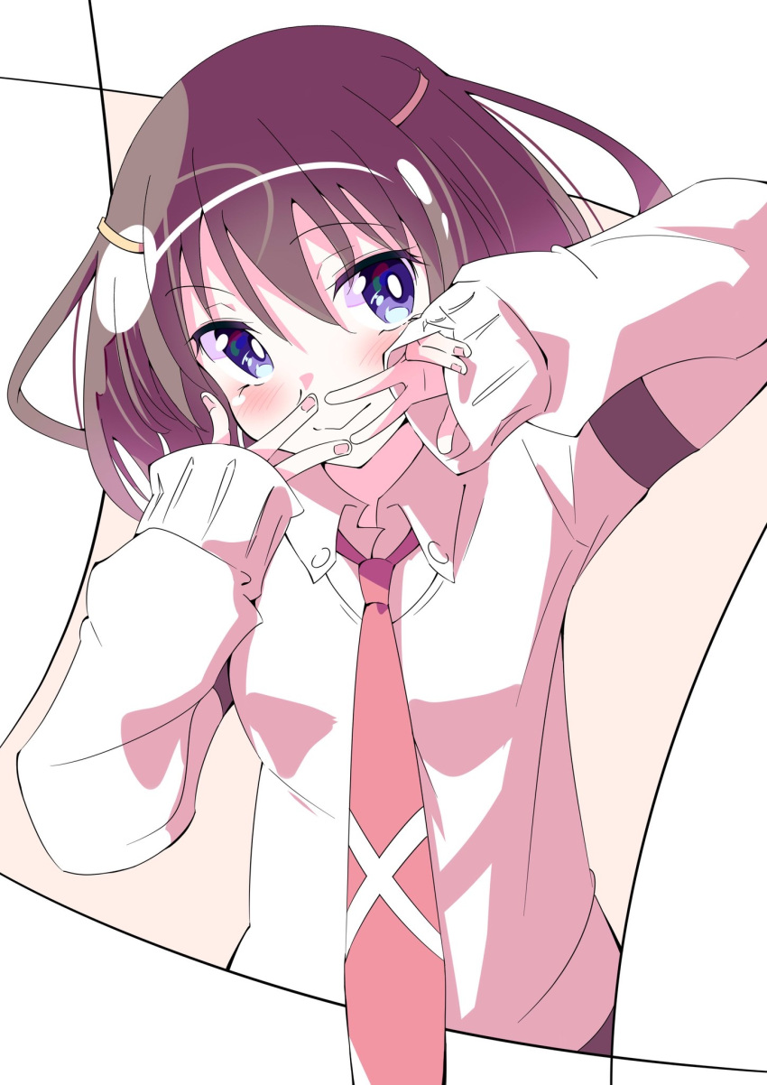 1girl, alternate_eye_color, anzu_nanaki, bangs, black_border, blue_eyes, border, brown_hair