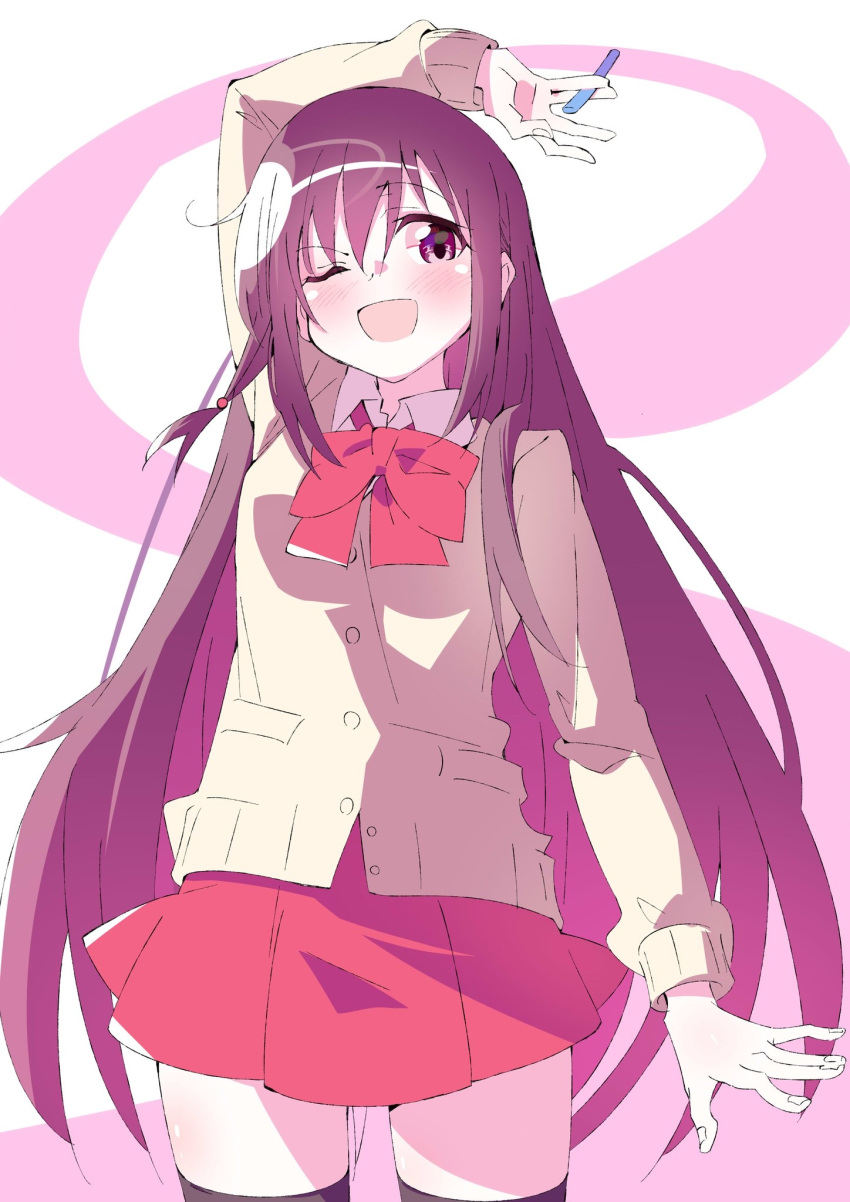 1girl, ;d, achiga_school_uniform, anzu_nanaki, arm_up, bangs, bow, bowtie, brown_hair, cardigan, cowboy_shot, dress_shirt, eyebrows_visible_through_hair, hair_bobbles, hair_ornament, highres, holding, looking_at_viewer, matsumi_kuro, miniskirt, one_eye_closed, open_mouth, pleated_skirt, pose, red_bow, red_neckwear, red_skirt, riichi_stick, saki, saki_achiga-hen, school_uniform, shirt, skirt, smile, solo, standing, thigh-highs, violet_eyes, white_shirt, wing_collar, yellow_cardigan