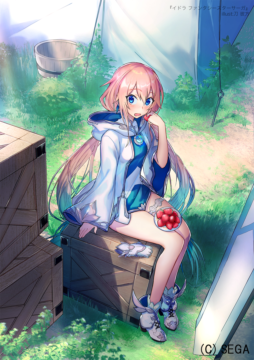 1girl, :o, bare_legs, blue_dress, blue_eyes, blue_hair, blush, bucket