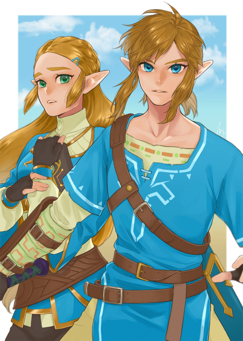 1boy, 1girl, absurdres, artist_name, bangs, belt, blonde_hair, blue_eyes