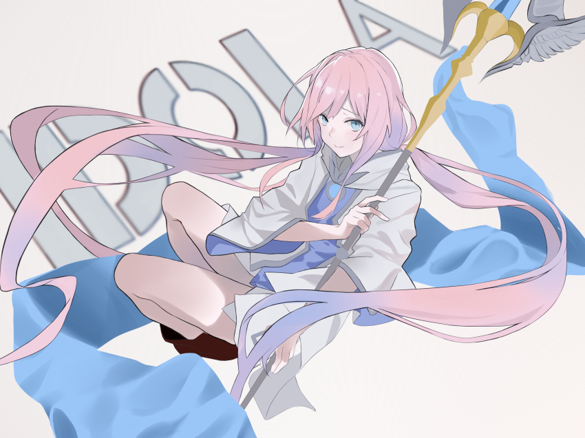 1girl, absurdres, bare_legs, blue_eyes, brown_footwear, closed_mouth, copyright_name, dress, full_body, grey_background, highres, holding, holding_staff, idola_phantasy_star_saga, kumo_yuu, long_hair, looking_at_viewer, pink_hair, raised_eyebrows, shoes, simple_background, solo, staff, stella_(idola), twintails