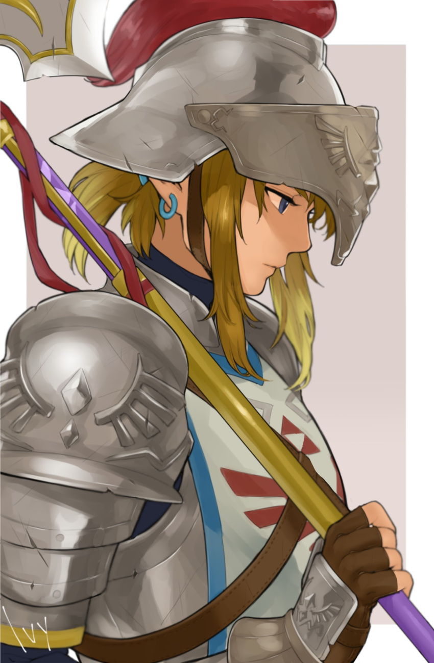 1boy, armor, artist_name, bangs, blonde_hair, blue_eyes, border, brown_gloves