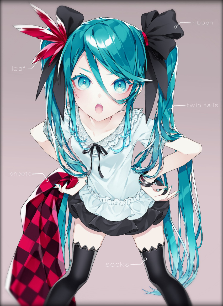 1055, 1girl, aqua_eyes, aqua_hair, aqua_nails, black_legwear, black_ribbon, black_skirt