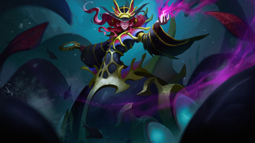 1girl, duel_monster, evigishki_gustkraken, fingernails, floating_hair, glowing, glowing_eyes, hand_up