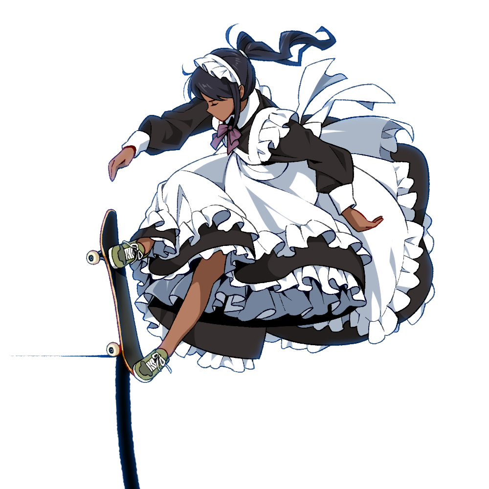 1girl, apron, black_hair, black_sleeves, closed_eyes, commentary_request, dark_skin, dress, frilled_apron, frilled_dress, frills, halfpipe, long_sleeves, maid, maid_apron, maid_headdress, original, ponytail, shoes, skateboard, skateboarding, sneakers, solo, suzushiro_(suzushiro333), tan, white_background, wrist_cuffs