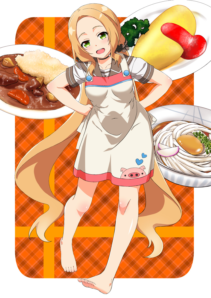 1girl, absurdres, apron, barefoot, blonde_hair, blush, curry, curry_rice