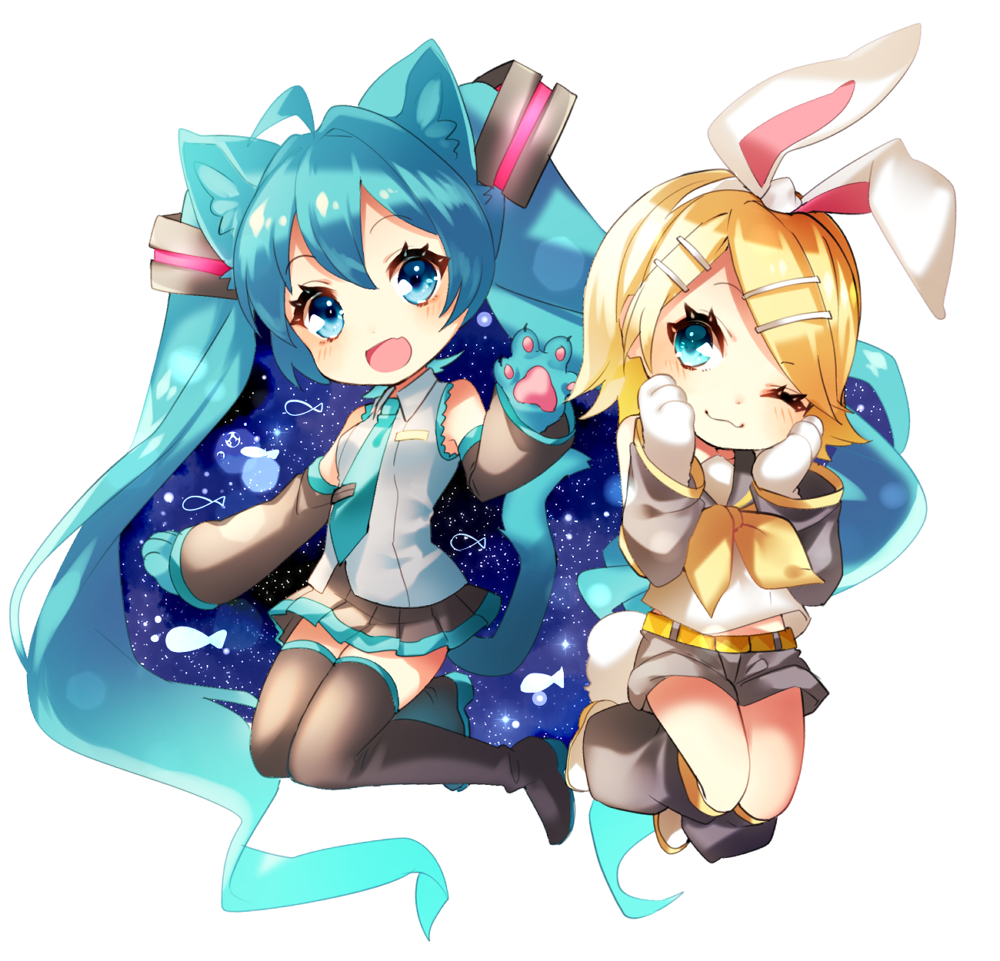 2girls, :3, animal_ears, aqua_eyes, aqua_hair, aqua_neckwear, bangs, bare_shoulders