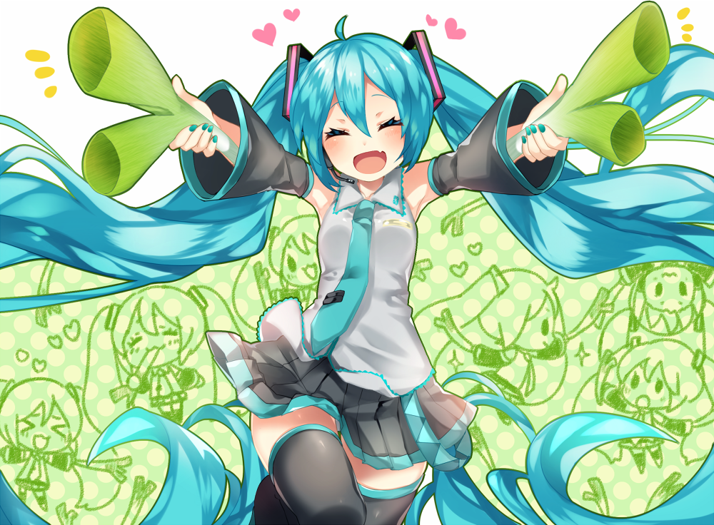 >_<, /\/\/\, :3, absurdly_long_hair, aqua_hair, aqua_nails, aqua_neckwear, bare_shoulders