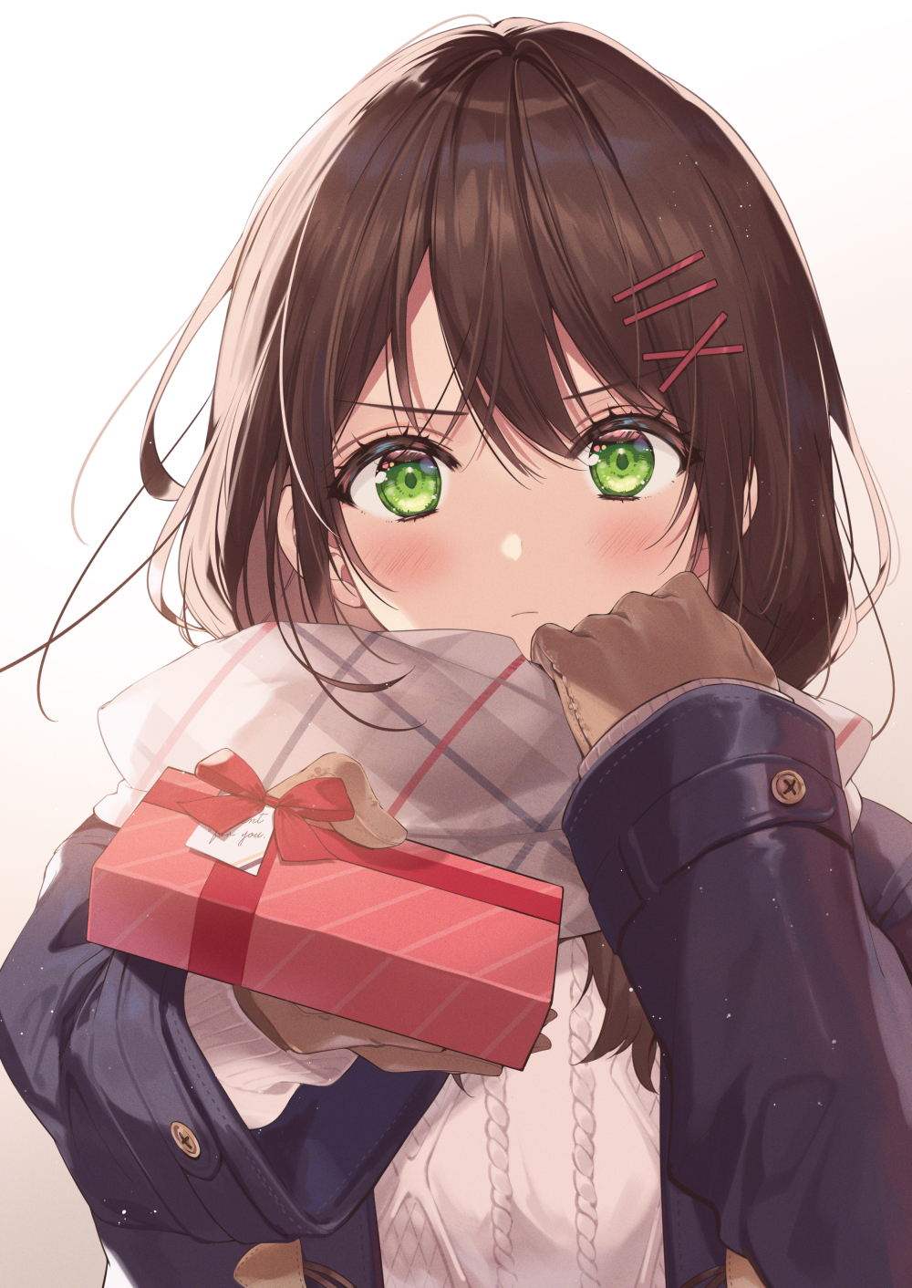 1girl, bangs, beige_shirt, black_jacket, blush, bow, brown_hair, brown_mittens
