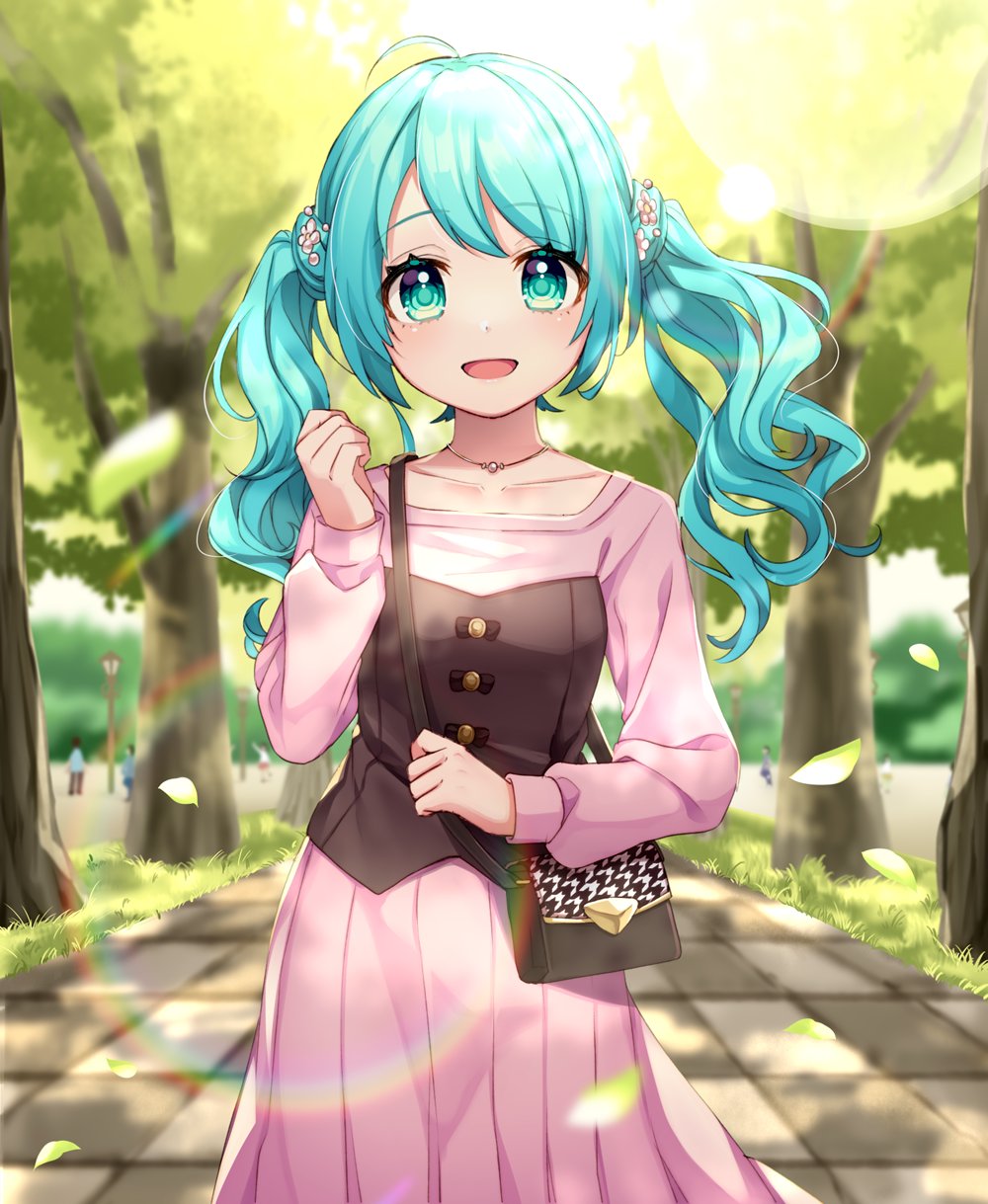1girl, alternate_hair_length, alternate_hairstyle, aqua_eyes, aqua_hair, bag, commentary, cowboy_shot