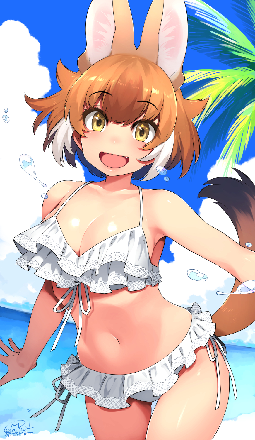 1girl, :d, animal_ear_fluff, animal_ears, bangs, bare_shoulders, beach, bikini