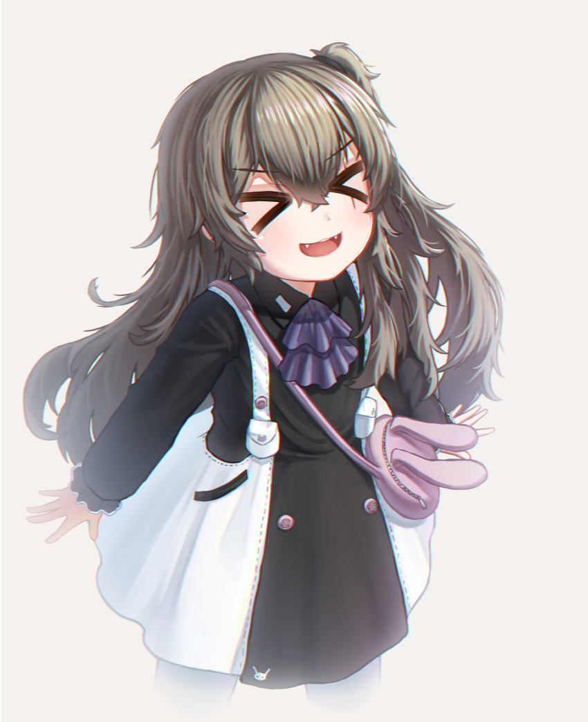 >_<, 1girl, :d, absurdres, animal_bag, ascot, bag, bangs