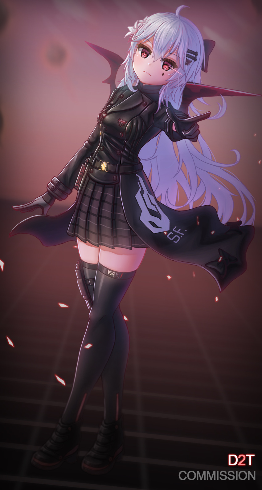 1girl, absurdres, ahoge, bangs, black_bow, black_footwear, black_gloves, black_jacket, black_legwear, black_skirt, blurry, blurry_background, blurry_foreground, blush, bow, breasts, commentary, commission, depth_of_field, dutch_angle, eyebrows_visible_through_hair, facial_mark, flower, girls_frontline, gloves, grey_gloves, hair_between_eyes, hair_bow, hair_flower, hair_ornament, hairclip, highres, iws-2000_(girls_frontline), jacket, long_hair, long_sleeves, outstretched_arm, pleated_skirt, pointing, pointing_at_viewer, red_eyes, red_wings, shoes, silver_hair, skirt, small_breasts, solo, stratosphere_(coom1017), thigh-highs, very_long_hair, vrchat, white_flower, wings