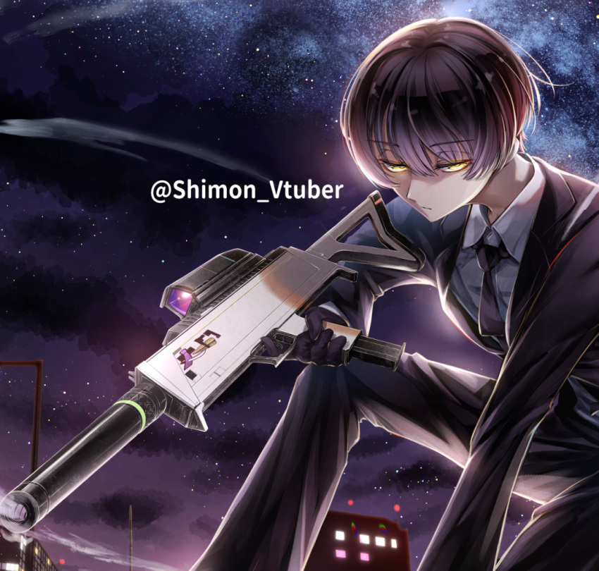 1boy, backlighting, bangs, black_gloves, black_hair, black_jacket, black_neckwear, black_pants
