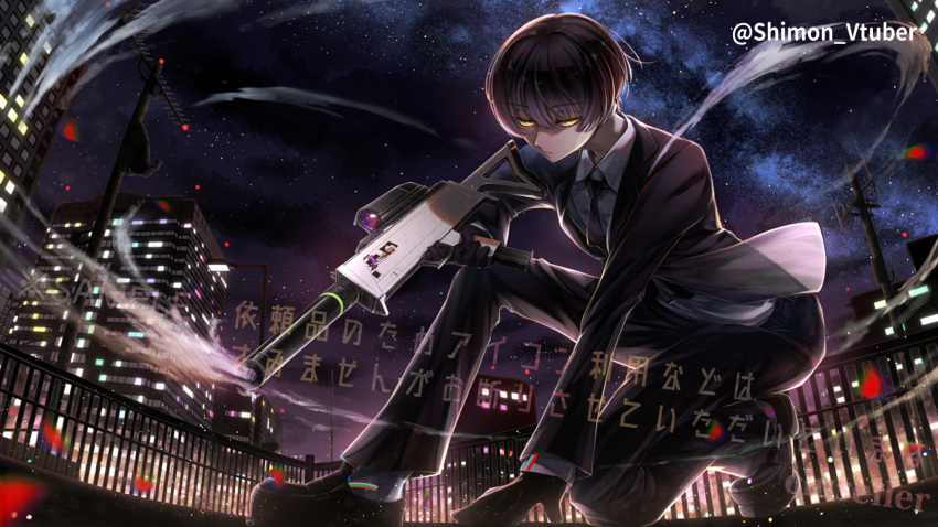1boy, artist_name, backlighting, bangs, belt, black_footwear, black_gloves, black_hair