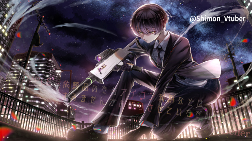 1boy, artist_name, backlighting, bangs, belt, black_footwear, black_gloves, black_hair