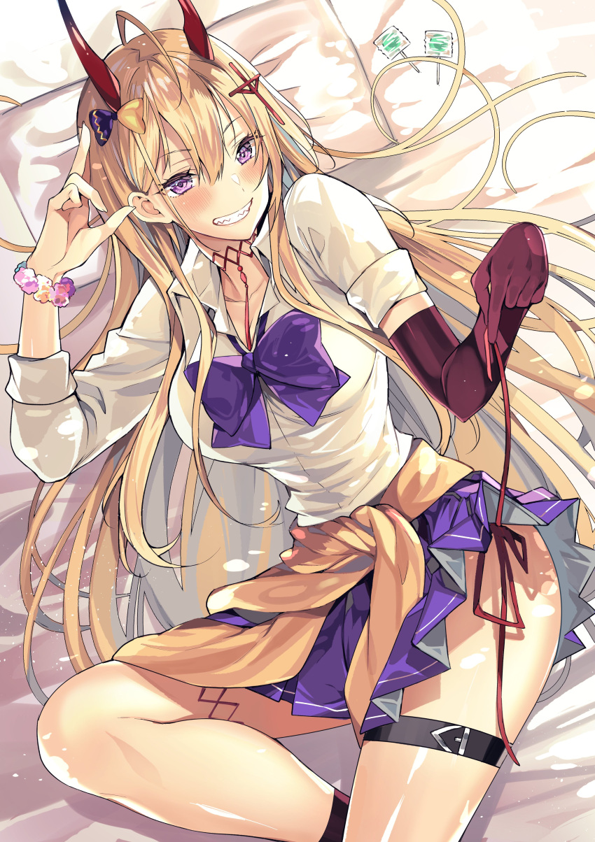 1girl, absurdres, ahoge, asymmetrical_sleeves, azur_lane, bed_sheet, beige_sweater, blonde_hair