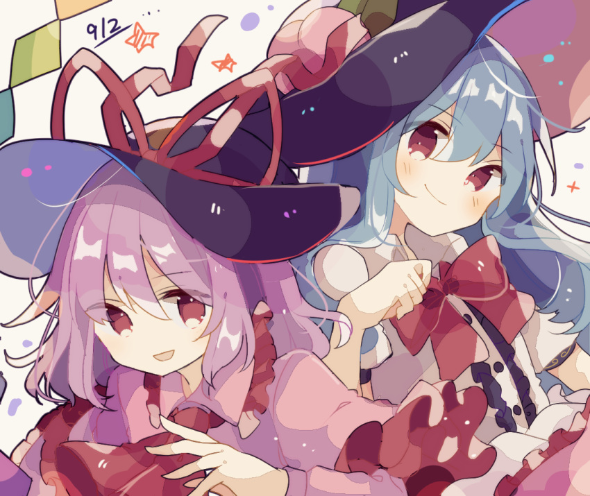 2girls, black_headwear, blouse, blue_hair, bow, bowtie, buttons, capelet