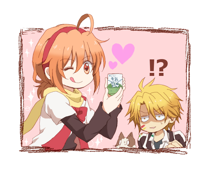 1boy, 1girl, :p, bimi_(mgk), blonde_hair, headband, heart, ichinomiya_eruna