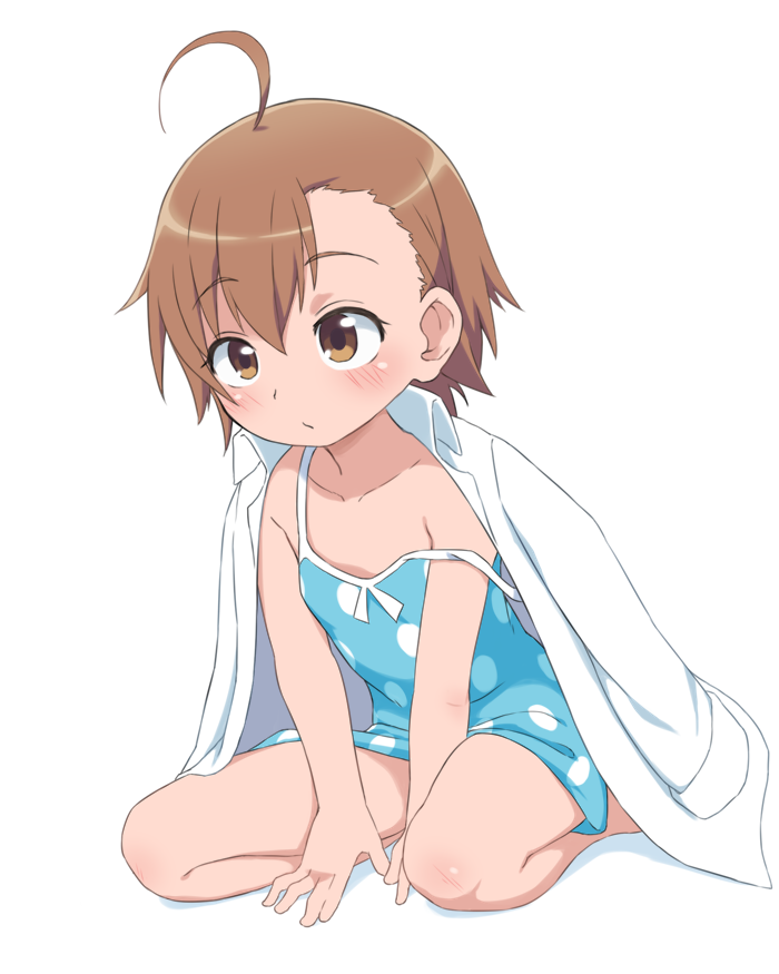 1girl, ahoge, brown_eyes, brown_hair, bubukka, collarbone, eyebrows_visible_through_hair, full_body, labcoat, looking_away, misaka_mikoto, off_shoulder, short_hair, simple_background, sitting, solo, to_aru_kagaku_no_railgun, to_aru_majutsu_no_index, wariza, white_background, younger