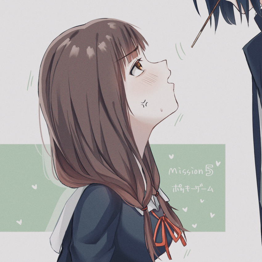 1boy, 1girl, anger_vein, bangs, black_dress, black_jacket, blunt_bangs, blush