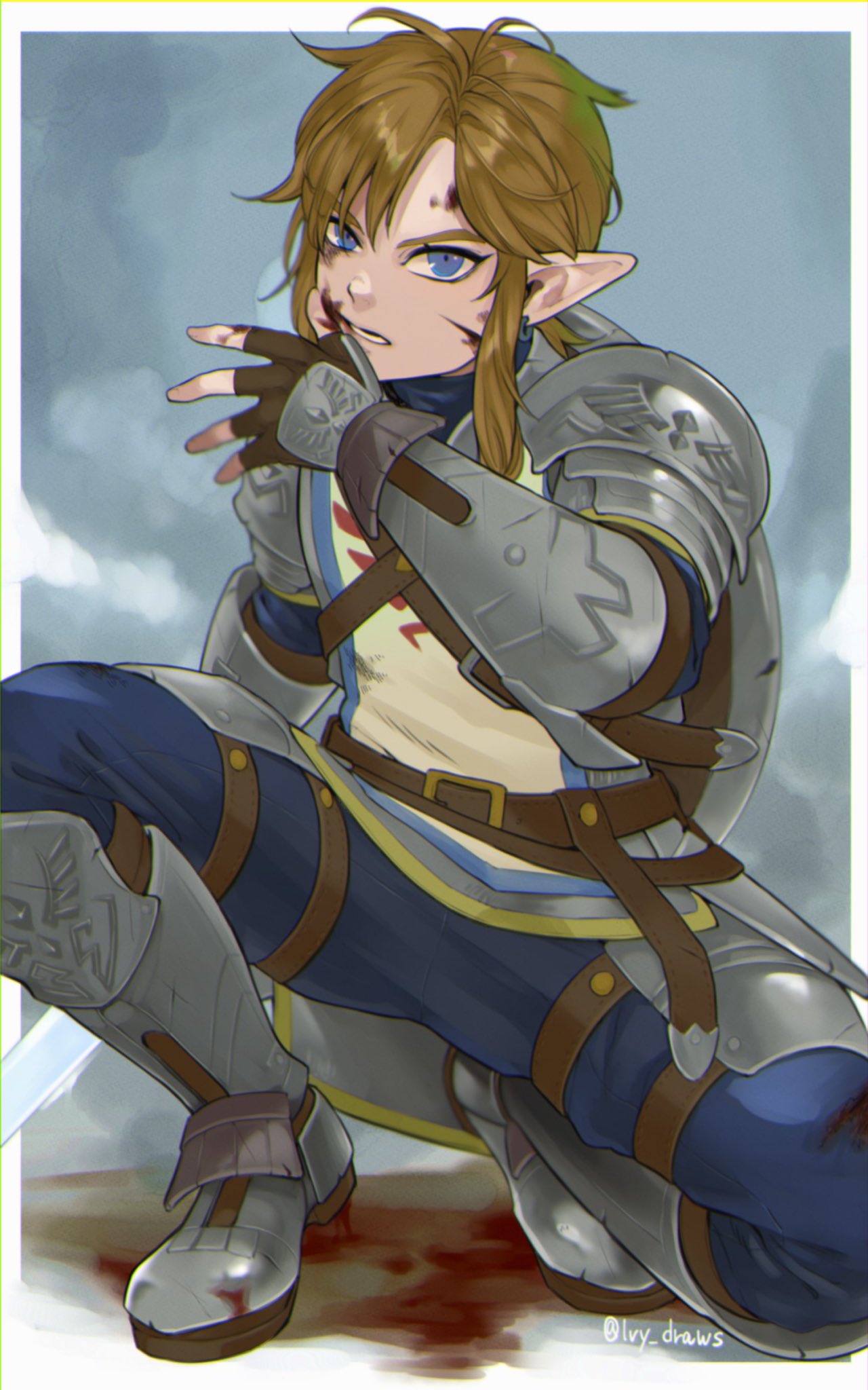 1boy, armor, armored_boots, artist_name, bangs, blonde_hair, blood, blood_on_face