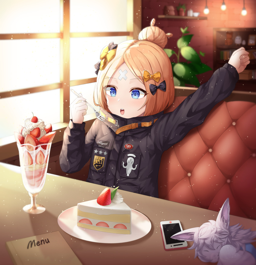 1girl, abigail_williams_(fate/grand_order), absurdres, bandaid, bandaid_on_forehead, bangs, black_bow, black_jacket