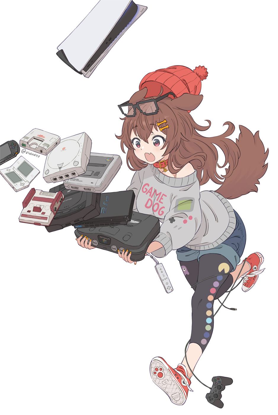 1girl, alternate_costume, animal_ears, beanie, blue_shorts, bone_hair_ornament, collar, commentary_request