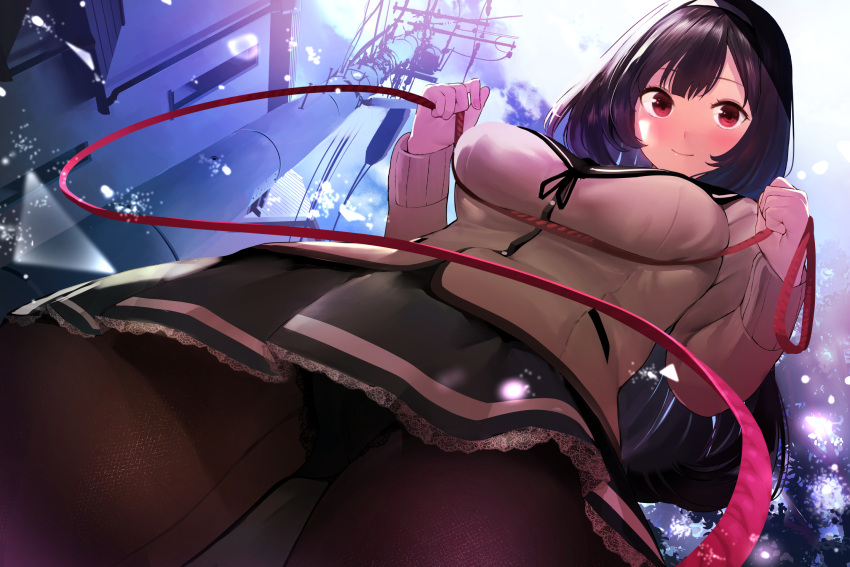 1girl, animal_pov, bangs, black_hair, black_legwear, black_serafuku, blunt_bangs, blush