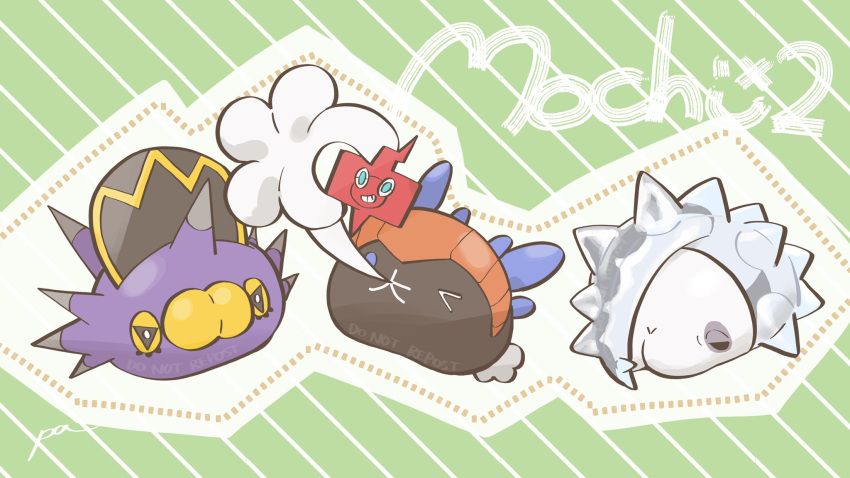 >_o, baseball_cap, black_headwear, blue_eyes, commentary_request, cosplay, gen_4_pokemon, gen_7_pokemon, gen_8_pokemon, hat, hatted_pokemon, highres, holding, leon_(pokemon), leon_(pokemon)_(cosplay), one_eye_closed, orange_headwear, paa_(drgnstom), piers_(pokemon), piers_(pokemon)_(cosplay), pincurchin, pokemon, pokemon_(creature), pyukumuku, raihan_(pokemon), raihan_(pokemon)_(cosplay), rotom, rotom_phone, self_shot, signature, snom, spikes