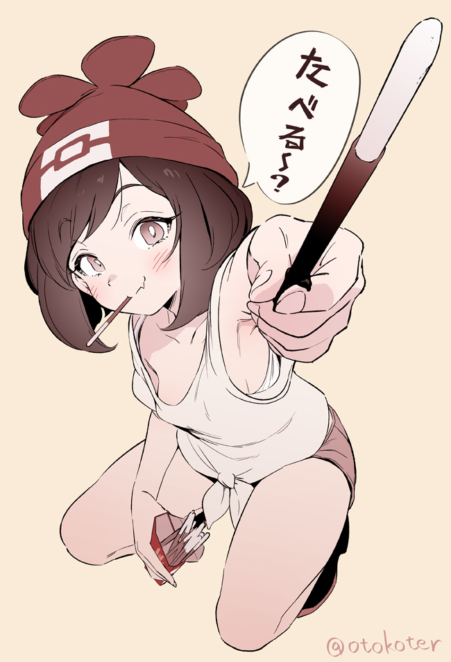 1girl, arm_up, beanie, blush, brown_hair, commentary_request, eyebrows_visible_through_hair, eyelashes