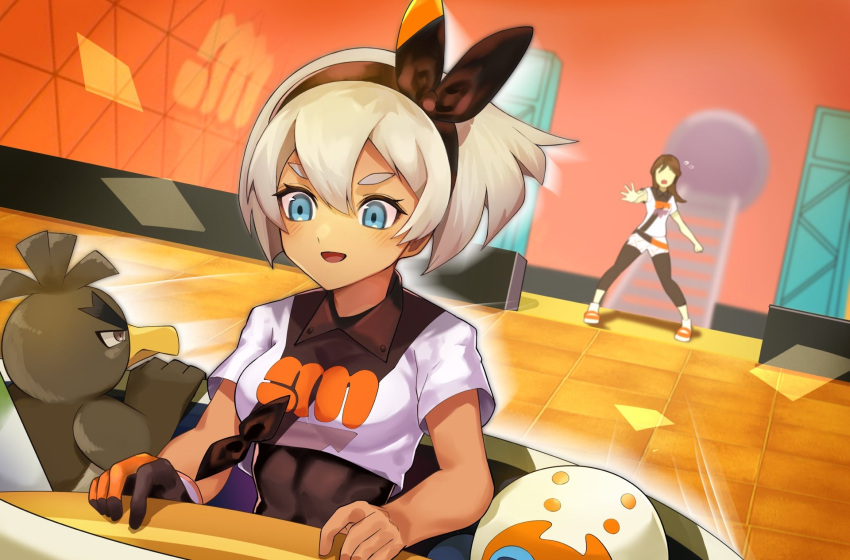 2girls, bangs, bea_(pokemon), black_bodysuit, black_hairband, blonde_hair, blue_eyes, blush