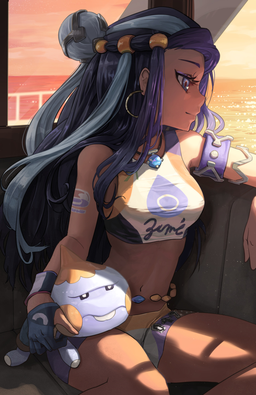 1girl, armlet, belly_chain, bike_shorts, blue_eyes, breasts, chewtle, clouds