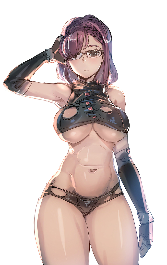 1girl, bare_shoulders, black_gloves, black_panties, bow_(bhp), breasts, brown_eyes, closed_mouth, cowboy_shot, crop_top, elbow_gloves, glasses, gloves, hand_up, large_breasts, looking_at_viewer, medium_hair, navel, opaque_glasses, original, panties, partially_opaque_glasses, redhead, simple_background, solo, standing, under_boob, underwear, white_background