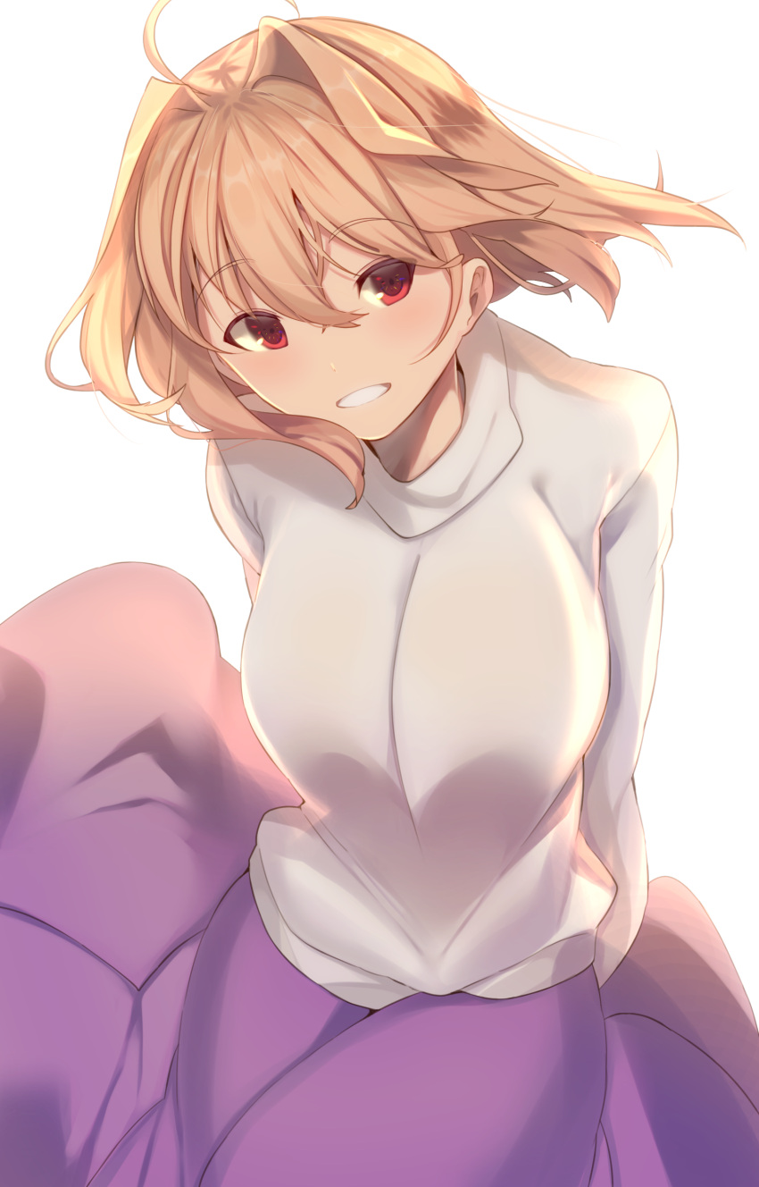 1girl, absurdres, ahoge, arcueid_brunestud, arms_behind_back, backlighting, bangs, blonde_hair, bloom, blush, breasts, cowboy_shot, eyebrows_visible_through_hair, grin, hair_between_eyes, hair_intakes, head_tilt, highres, hiiragi_ken, long_skirt, looking_at_viewer, purple_skirt, red_eyes, simple_background, skirt, smile, solo, sweater, tsukihime, turtleneck, turtleneck_sweater