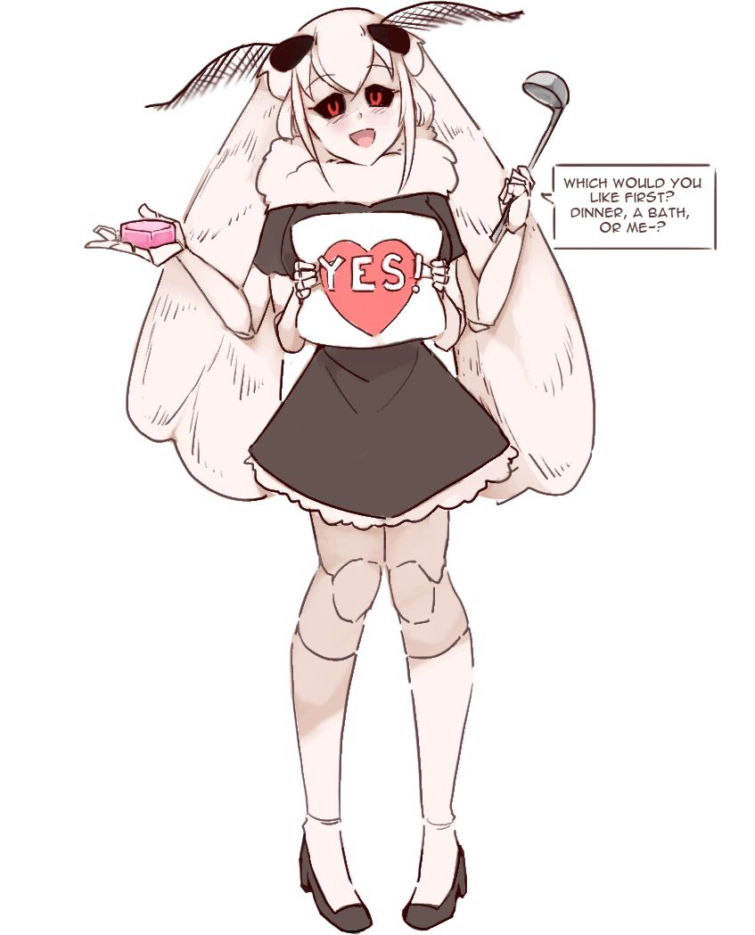 1girl, :d, antennae, bangs, black_sclera, borrowed_character, english_text, extra_arms