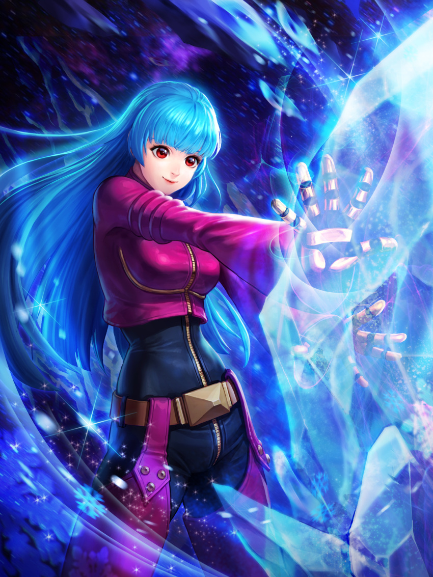 1girl, bangs, belt, blue_hair, bodysuit, breasts, gloves, glowing