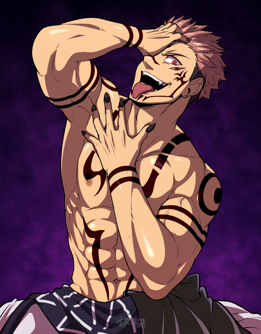 1boy, abs, absurdres, arm_up, black_nails, extra_eyes, hand_on_own_face, highres, inunekostudio, itadori_yuuji, jujutsu_kaisen, looking_at_viewer, male_focus, muscle, navel, nipples, one_eye_covered, pink_hair, red_eyes, ryoumen_sukuna_(jujutsu_kaisen), shirtless, short_hair, solo, tattoo, tongue, tongue_out, undercut, veins
