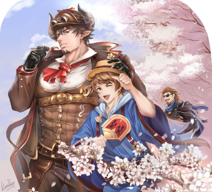 1boy, 3boys, anjingkuxiao, bara, barawa, beard, black_gloves, brown_hair