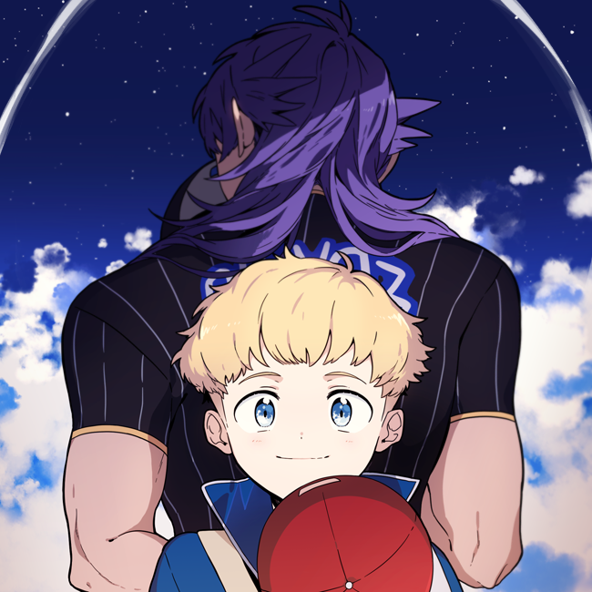 2boys, back-to-back, bangs, baseball_cap, blonde_hair, blue_eyes, champion_uniform, closed_mouth