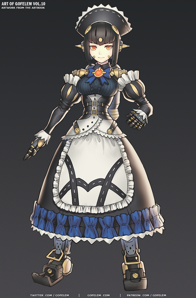 1girl, apron, black_hair, gofelem, joints, lila_(xenoblade), maid, maid_apron, maid_headdress, mechanical_arm, mechanical_parts, red_eyes, robot, robot_ears, robot_joints, solo, xenoblade_chronicles_(series), xenoblade_chronicles_2