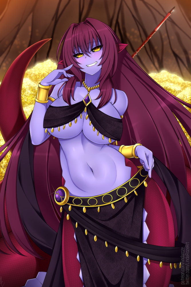 1girl, black_sclera, blue_skin, breasts, commission, english_commentary, eyebrows_visible_through_hair, fate/grand_order