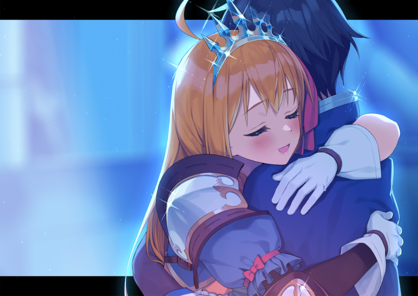 1boy, 1girl, ahoge, black_hair, blush, closed_eyes, gloves, hug, letterboxed, long_hair, lunch_(lunch3), open_mouth, orange_hair, pecorine_(princess_connect!), princess_connect!, princess_connect!_re:dive, short_hair, smile, tiara, white_gloves, yuuki_(princess_connect!)