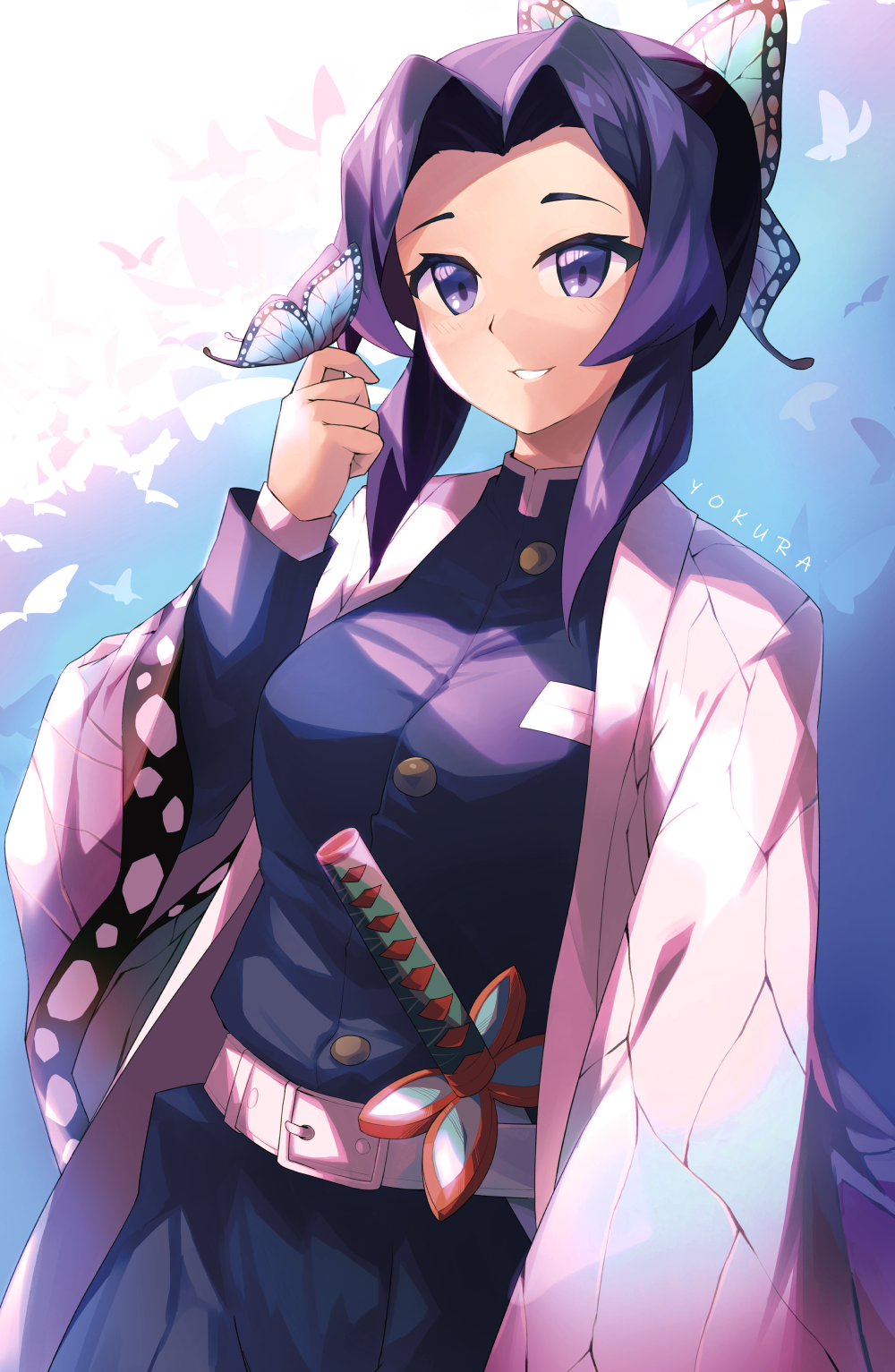 1girl, bangs, belt, belt_buckle, black_hair, black_jacket, black_pants, buckle