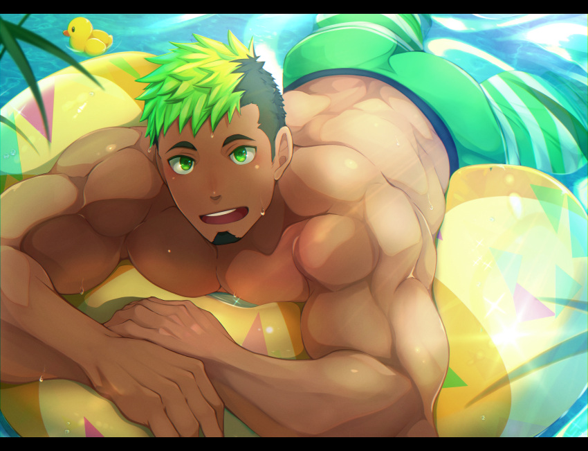1boy, absurdres, bara, bare_chest, black_hair, chest, facial_hair, goatee