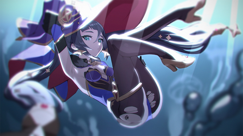 1girl, arm_up, armpits, ass, bangs, black_gloves, black_hair, black_legwear