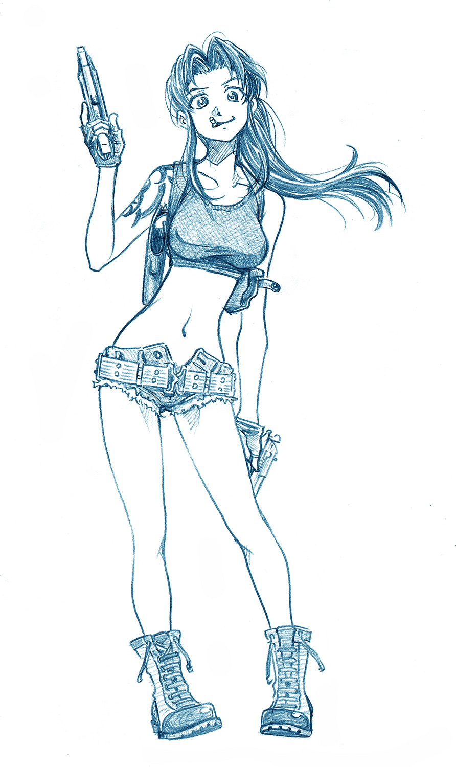 bbb_(friskuser), belt, black_lagoon, boots, cigarette, commentary_request, crop_top, dual_wielding, fingerless_gloves, gloves, gun, hair_intakes, highres, holding, holding_gun, holding_weapon, holster, long_hair, monochrome, mouth_hold, navel, ponytail, revy_(black_lagoon), shorts, shoulder_holster, shoulder_tattoo, sketch, solo, tattoo, weapon
