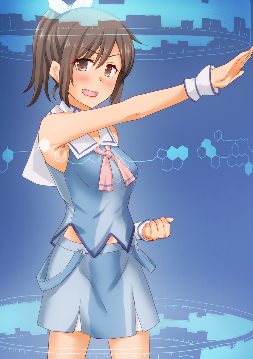 1girl, :d, anti_(untea9), aoki_hagane_no_arpeggio, blue_skirt, brown_eyes, brown_hair, clenched_hand, cosplay, cowboy_shot, eyebrows_visible_through_hair, hair_ribbon, highres, i-401_(kantai_collection), iona, iona_(cosplay), kamen_rider, kantai_collection, open_mouth, pose, ribbon, skirt, sleeveless, smile, solo, white_ribbon
