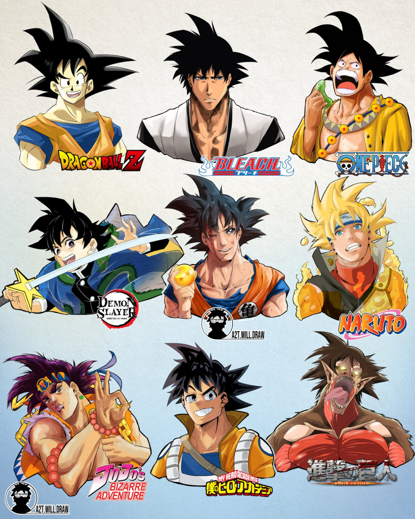 1boy, :d, a2t_will_draw, araki_hirohiko_(style), black_hair, bleach, blonde_hair, boku_no_hero_academia
