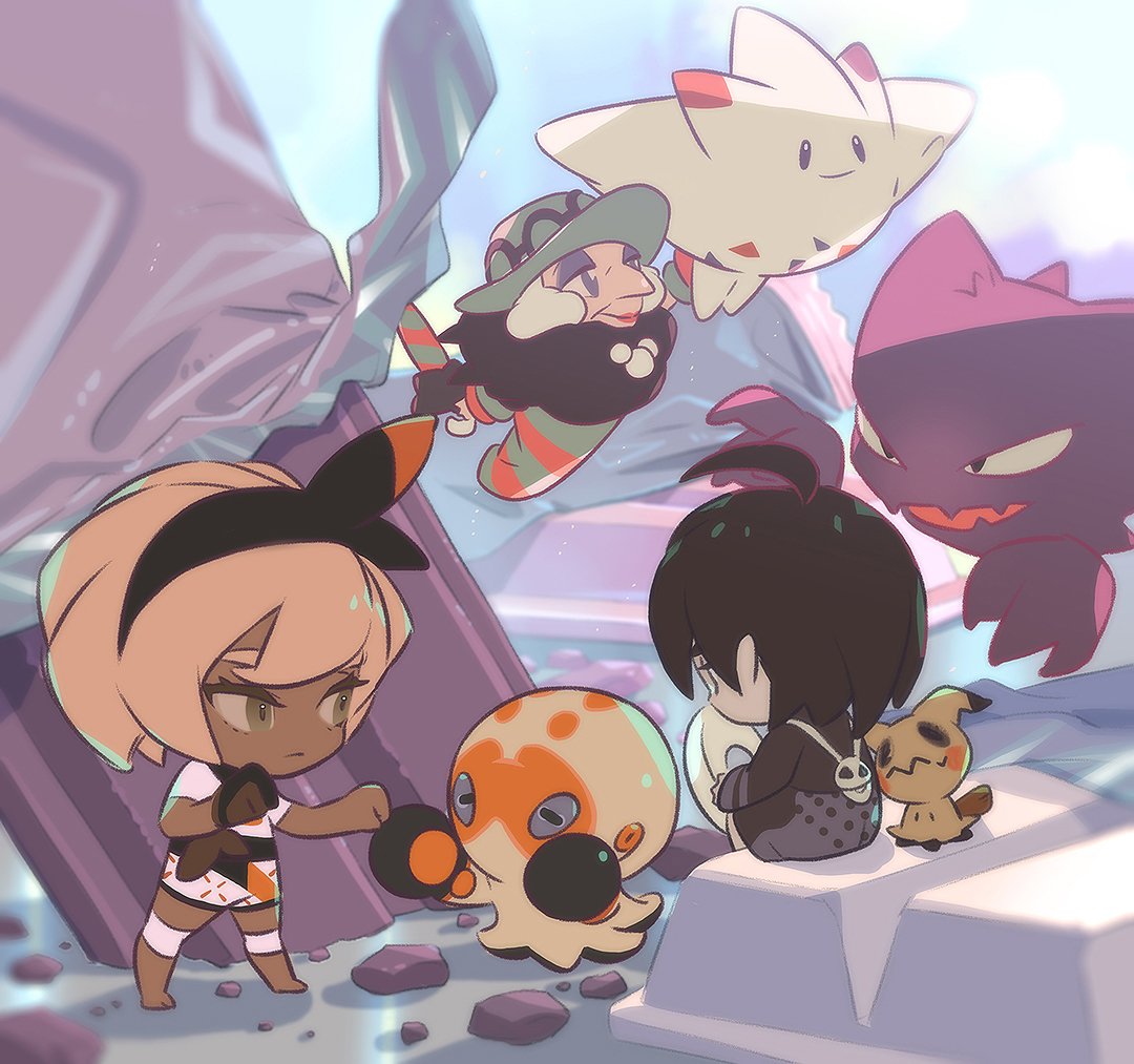1boy, 2girls, ahoge, allister_(pokemon), bangs, barefoot, bea_(pokemon), black_bodysuit